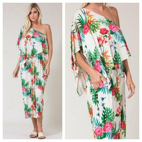 Cream floral tropical one shoulder jumper - Picture 3 of 4